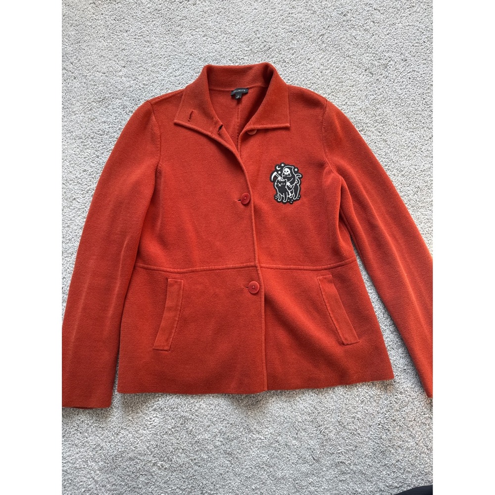 Talbots Womens Orange Knit Blazer Cardigan Jacket Grim Reaper Cat Patch Size M